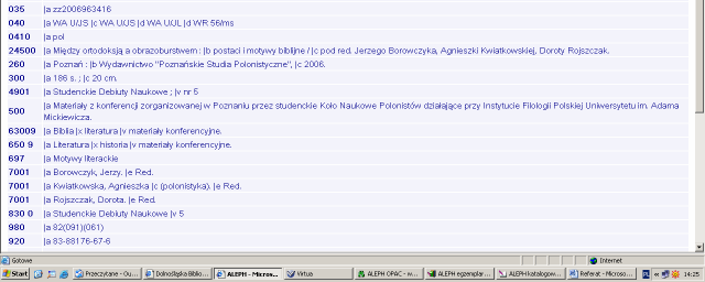 Widok opisu bibliograficznego z wykorzystaniem hasła motywy literackie.
