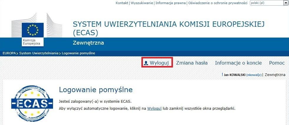 Wylogowanie z aplikacji Rejestru Unii i ECAS Po zakończeniu pracy w Rejestrze Unii należy każdorazowo wylogować się z aplikacji przy użyciu