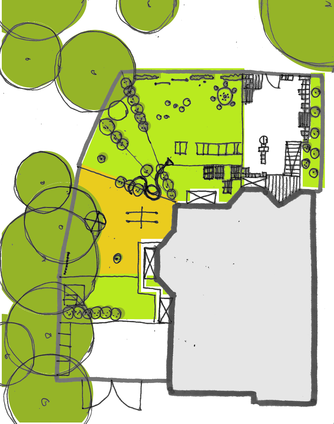 przyrodnicze azyle w miejskich przedszkolach / konsultacje architektoniczno-krajobrazowe / k01 / strona 3 3/ ZAGOSPODAROWANIE TERENU/ RZUT modułowy labirynt tablice szałas z wikliny krzewy owocowe