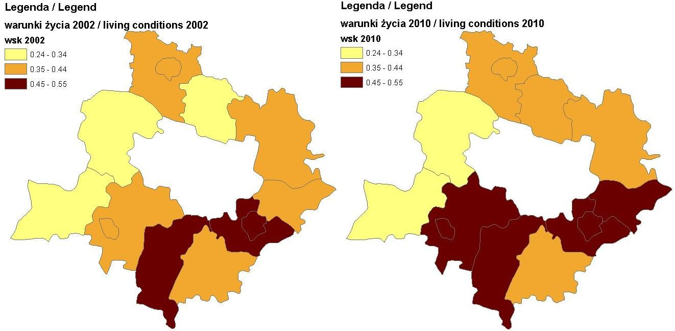 78 J. Kazak, T. Pilawka Po określeniu syntetycznych wskaźników warunków życia dla poszczególnych gmin wyznaczono gminy o podobnym poziomie.