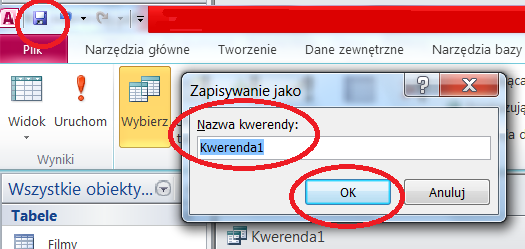 Po wybraniu tabel należy wybrać potrzebne pola (Kategoria z tabeli FILMY oraz Nazwisko z tabeli KLIENCI), wybieramy klikając dwukrotnie na polu danej tabeli, lub wybierając z listy poniżej Następnie