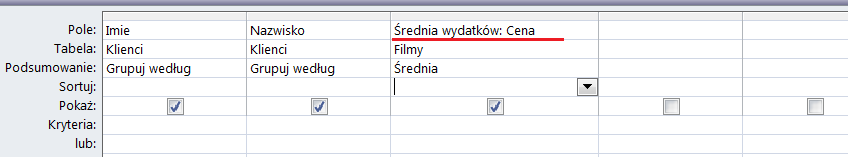 W miejscu w którym kliknąłeś pojawi się nowy wiersz Posumowanie, klikając na trójkącik obok sumy rozwiniesz opcje grupowania, wybierz średnia Uruchom kwerendę, powinna zawierać dane jak poniżej.