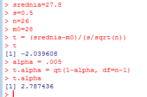 a. Oceń czy to założenie jest słuszne, jeżeli w 26-osobowej 17-latków średni czas przebiegnięcia tego dystansu wyniósł 27,8s. z odchyleniem standardowym 0,5s.