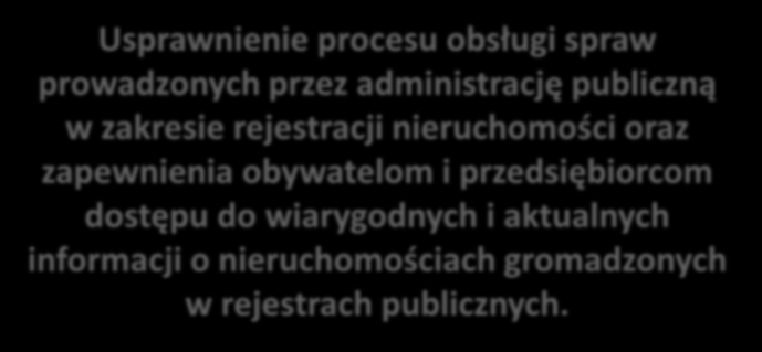 Strategiczny cel projektu Usprawnienie procesu obsługi spraw prowadzonych przez administrację publiczną w zakresie rejestracji nieruchomości oraz zapewnienia obywatelom i przedsiębiorcom dostępu do