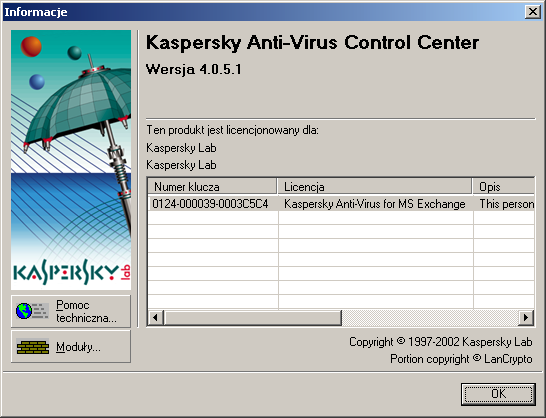 KASPERSKY ANTI-VIRUS Rysunek 66. Okno Informacje o Kaspersky AV Control Center Aby zakończyć działanie Kaspersky AV Control Center należy wybrać polecenie Zakończ z menu systemowego.