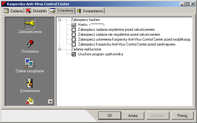 KASPERSKY ANTI-VIRUS CONTROL CENTER Lista kategorii (ikon) zlokalizowana jest w lewej części zakładki.