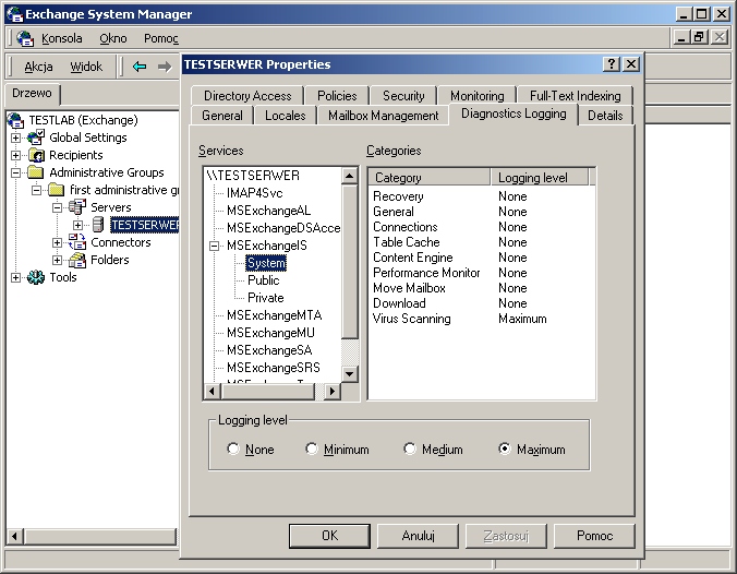 OCHRONA WIADOMOŚ CI MICROSOFT EXCHANGE 2000 Rysunek 52. Okno Exchange System Manager! Należy zwrócić uwagę na różnice w terminologii!