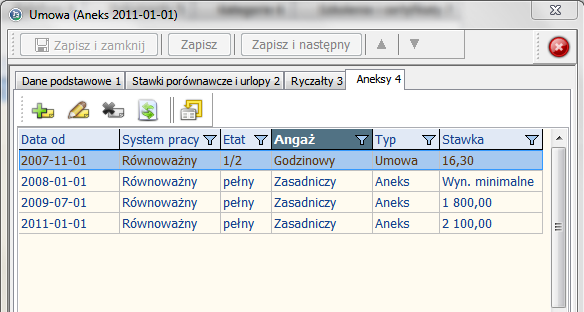 UMOWY I ANEKSY W EDYCJI ZATRUDNIENIA PRACOWNIKA W nowej wersji programu w parametrach zatrudnienia pracownika, został dodany rejestr aneksów do umów.