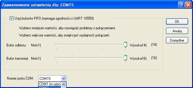 W celu zmiany portu COM należy wejść w ustawienia zaawansowane