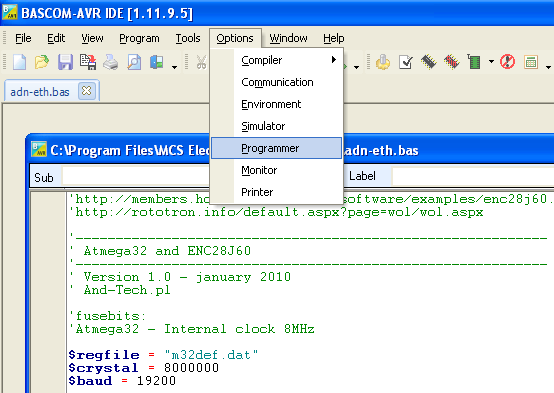 5. Programowanie w środowisku BASCOM Konfiguracja BASCOM a do pracy z programatorem AVR Prog USB v2: Z menu Options wybieramy zakładkę Programmer: Wybieramy programator STK500 i ustawiamy jak na