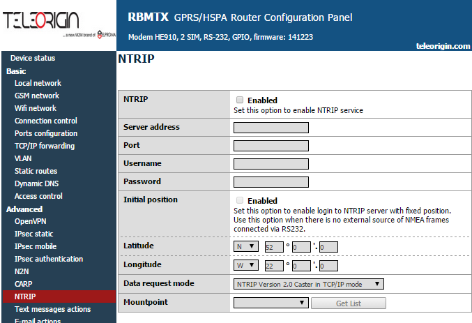 4.2.18 NTRIP configuration page Jeden z trybów pracy portu /dev/ttys0 jest komunikacja z urządzeniem zewnętrznym z użyciem protokołu NTRIP.