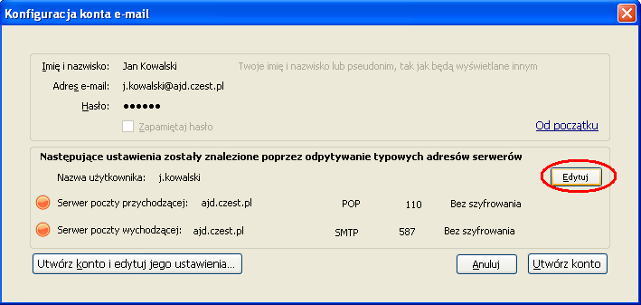 Po uruchomieniu programu Mozilla Thunderbird pojawi się kreator, który poprowadzi nas przez konfigurację konta pocztowego. Najpierw wpisujemy Imię i Nazwisko, np.