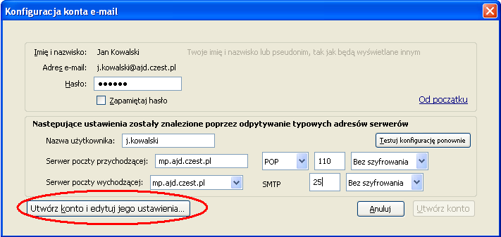 Po edycji ustawień serwera pocztowego zmieniamy wszystkie parametry dotyczące ustawień serwera pocztowego mp.ajd.czest.