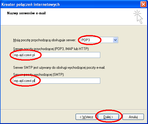 Teraz musimy wprowadzić dane dotyczące serwera. W miejscu Moją pocztę obsługuje serwer zostawiamy POP3.
