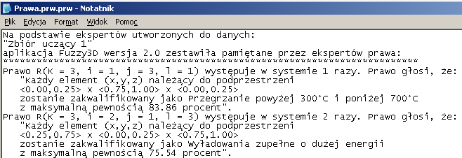 83 Rysunek 8-52. Fuzzy3D.exe wynk współpracy grupy ekspertów: klasyfkacja nowego pomaru Dysponując grupą ekspertów w aplkacj Fuzzy3D.