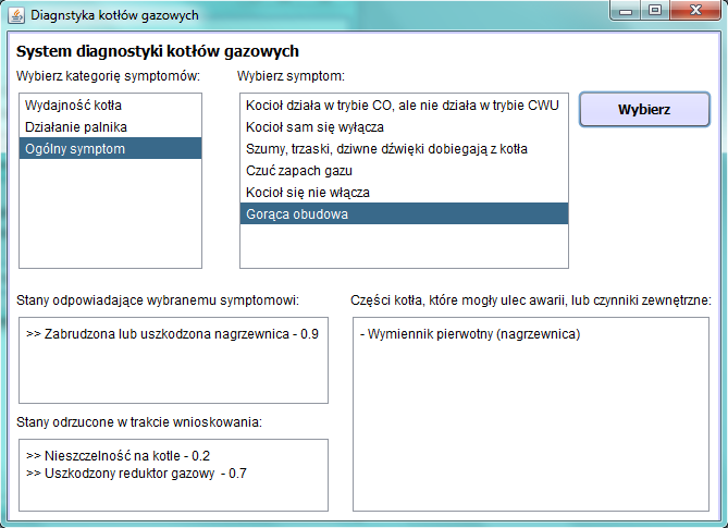 Rysunek 3.5. Przykładowe pytanie, które jest zadawane do wybrania symptomu, w trakcie wnioskowania. Opracowanie własne.