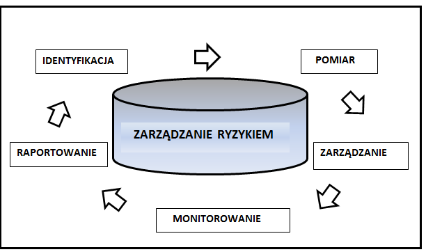 4) monitorowanie polegające na stałym nadzorowaniu poziomu ryzyka w oparciu o przyjęte metody pomiaru ryzyka, 5) raportowanie obejmujące cykliczne informowanie Kierownictwa o skali