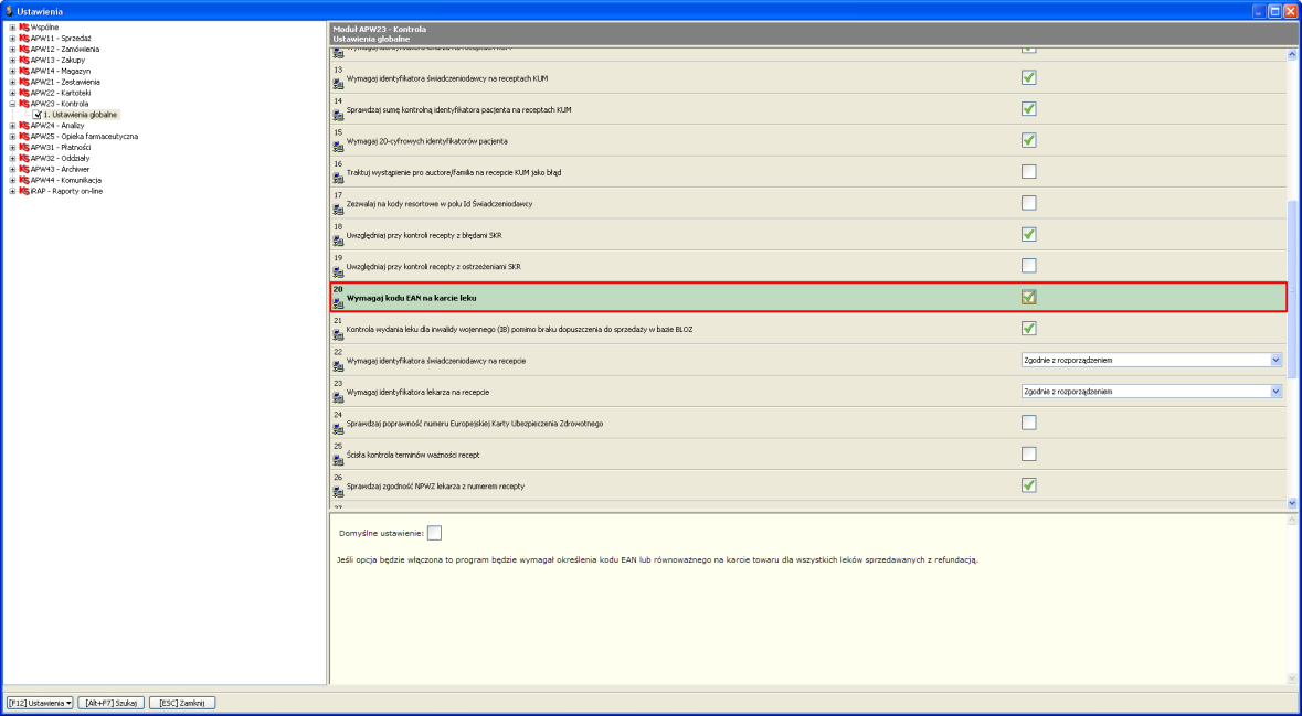 Rys.52. Opcje modułów opcja APW13.2.49 H. Wymagaj kodu EAN na karcie leku (APW23.1.20).