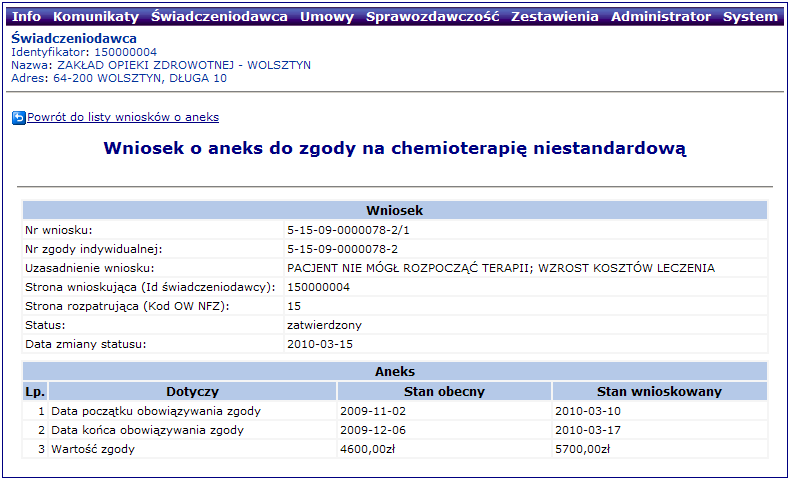 Rys. 10.8 Podgląd wniosku o aneks Opcja pozwala na powrót do listy wniosków. 10.3.