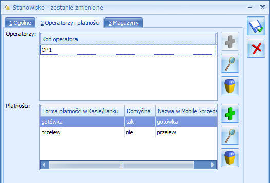 Operatorzy i płatności: Operatorzy w tym miejscu należy przypisać do stanowiska wybranego Operatora.