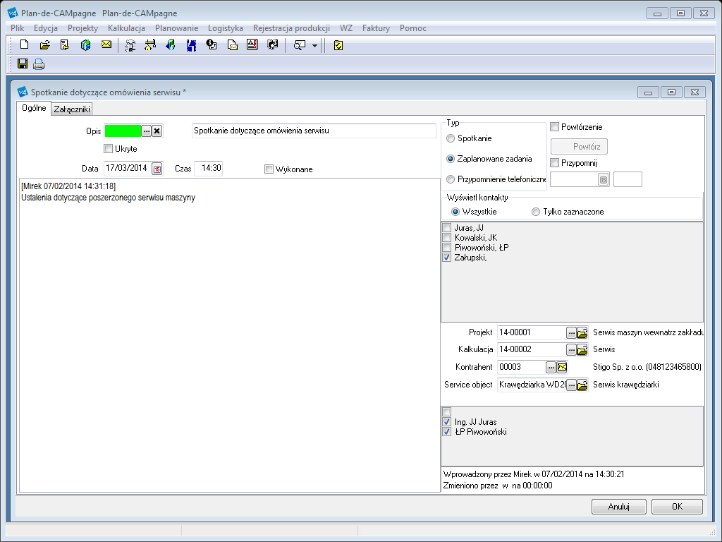 Rysunek 8. Zadanie serwisowe w CRM.