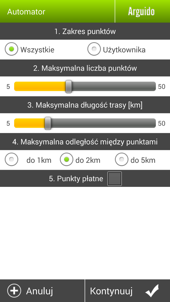Pierwszy parametr Zakres punktów określa czy punkty powinny być pobierane jedynie z tras, które wcześniej utworzył użytkownik, czy także ze wszystkich oficjalnych tras wykonanych przez zespół AGM