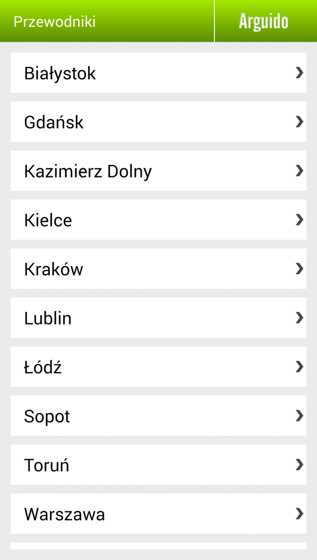 Po wybraniu dowolnego miasta pojawi się ekran z wszystkimi opracowanymi dla niego trasami turystycznymi. Liczba tras w danych miastach jest zróżnicowana.
