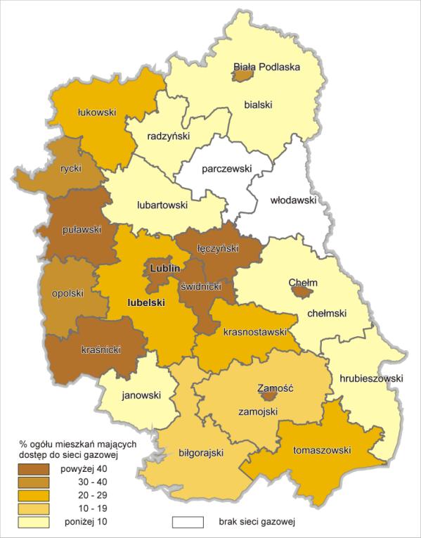 Procentowy udział mieszkań w gminach i powiatach wyposażonych w gaz sieciowy (Źródło: US w Lublinie) Barierą utrudniającą dalszą gazyfikację powiatu jest rozproszona struktura osadnicza oraz słaba