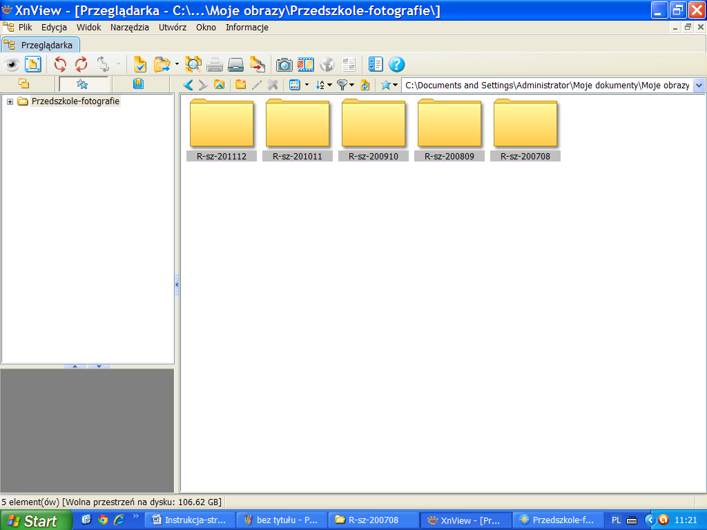 Rysunek 23 - widok na program XnView po otwarciu W lewym oknie widać nasz folder Przedszkole-fotografie a w prawym widać foldery odpowiedniego roku szkolnego.
