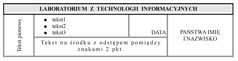 Ćwiczenie 5: tabela Menu -> Tabela-> Wstaw tabele Menu -> Frmat-> Znak Prszę utwrzyć tabelę składającą się z trzech wierszy i trzech klumn.