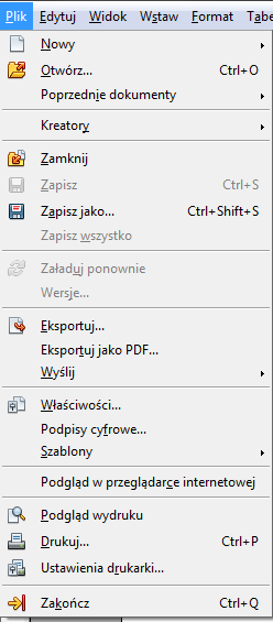 Po naciśnięciu menu "Plik" rozwija się listwa z podstawowymi funkcjami. Umożliwia ona utworzenie nowego dokumentu.