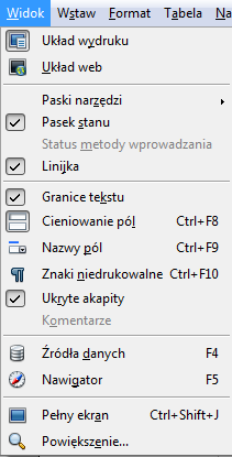 Domyślnie dostępnymi funkcjonalnościami od lewej strony są: Nowy, Otwórz, Zapisz, Dokument jako e-mail, Edytuj plik (tylko odczyt), Eksportuj bezpośrednio jako PDF, Drukuj, Podgląd