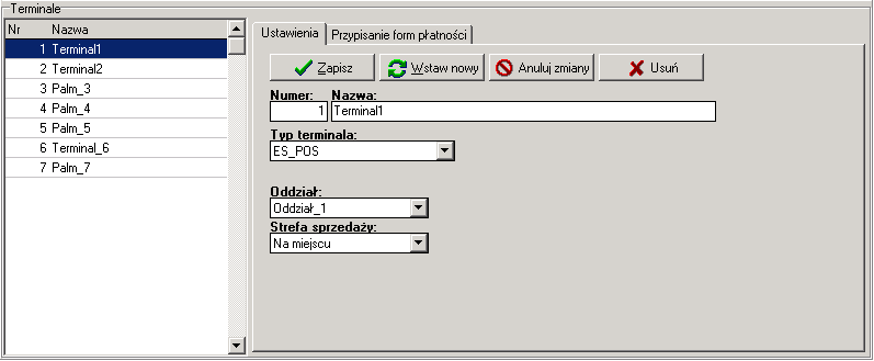 Oddział nadrzędny Oddziały podrzędne Dodatkowo, po zaznaczeniu oddziału w liście po lewej stronie i postawieniu parafki w kwadraciku obok Podgląd terminali przynależących do oddziału (pojedyncze