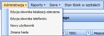 ADMINISTRATOR (ZRM) Administracja: Edycja słownika lokalizacji zdarzenia umożliwia edycję lokalizacji zdarzeń Edycja słownika telefonów - Umożliwia edycję słownika rodzajów telefonów Nowy użytkownik