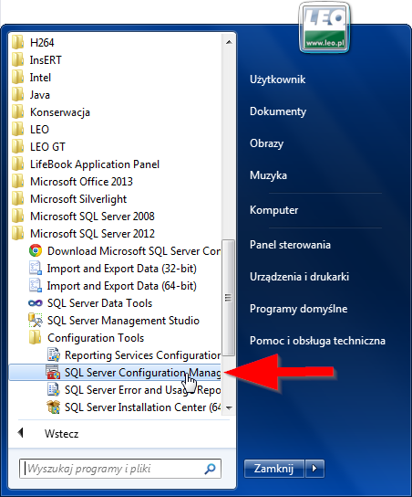 1.5. Jeżeli wystąpią problemy z połączeniem z bazą danych należy sprawdzić konfigurację serwera SQL. W tym celu należy z Menu Start Windows uruchomić program SQL Server Configuration Manager.