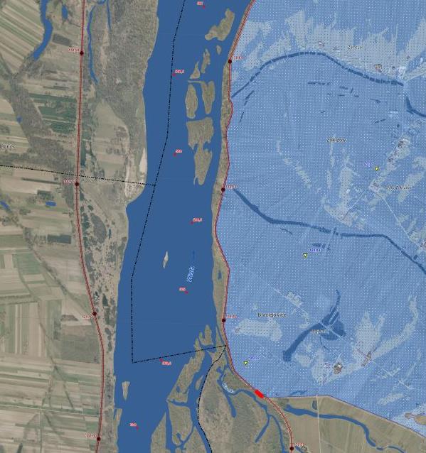 Fragment arkusza mapy zagrożenia powodziowego wraz z głębokościami wody, obszary narażone na