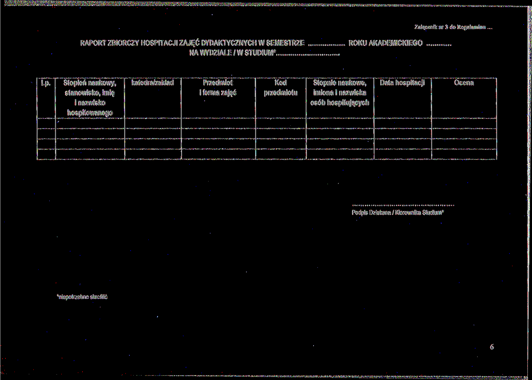 Załącznik nr 3 do Regulaminu RAPORT ZBIORCZY HOSPITACJI ZAJĘĆ DYDAKTYCZNYCH W SEMESTRZE NA WYDZIALE / W STUDIUM*... ROKU AKADEMICKIEGO Lp.