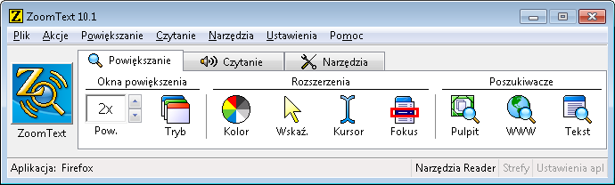 Interface Użytkownika ZoomText Po rozpoczęciu pracy ZoomTexta na ekranie pojawi się Interface Użytkownika. Okno to zawiera wszystkie elementy sterujące niezbędne do pracy programu.