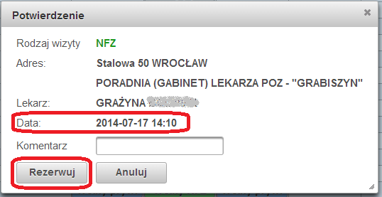 Będą widoczne kratki dla poszczególnych dni i godzin, gdzie: dostępne do rejestracji wizyty PRYWATNE (płatne w rejestracji przed wizytą) Dla pacjentów wybierających godziny prywatne: cennik usług WCZ