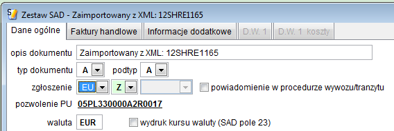 Wybór pozwolenia w zgłoszeniu SAD jest wykonywany na zakładce Dane Ogólne (pole opisane pozwolenie PU): Ponieważ taka sama lista może być używana dla różnych ewidencji, przewidziano możliwość importu