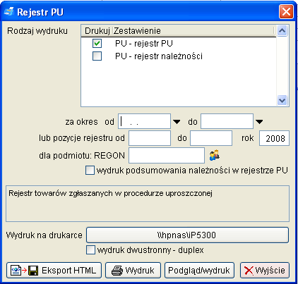 Jeśli pola zakres od do. oraz pozycje rejestru od.. do pozostaną niewypełnione wówczas program zaproponuje wydruk całego rejestru od początku zadeklarowanego roku.