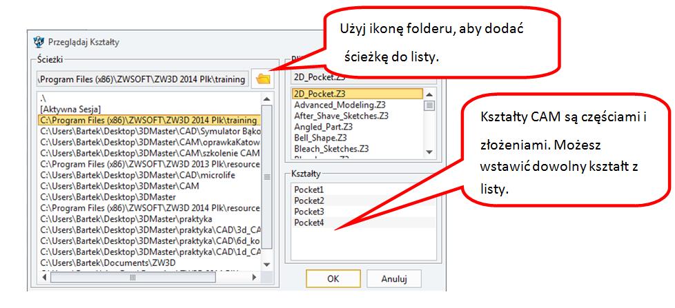 Rozdział 1.2. Podstawy pracy w systemie 1. W drzewie Ustawienie1 Menadżera Obróbki CAM kliknij lewym przyciskiem myszy na Geometria. Wyświetlona zostanie Przeglądarka kształtów.