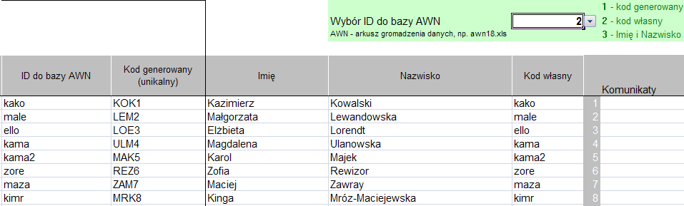 Na rys. 24 wskazano przykładowe wypełnienia. Zalecanym wypełnieniem jest wybór oznaczony wartością 1 w polu Wybór do bazy AWN.