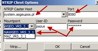 h. Cmd możemy wprowadzić z podkatalogu \data plik oem4_raw_1hz.cmd i. j. Ustawiamy Opt dla NTRIP Client, oczywiście wpisując swoje dane dostępowe do ASG-EUPOS: k. l.