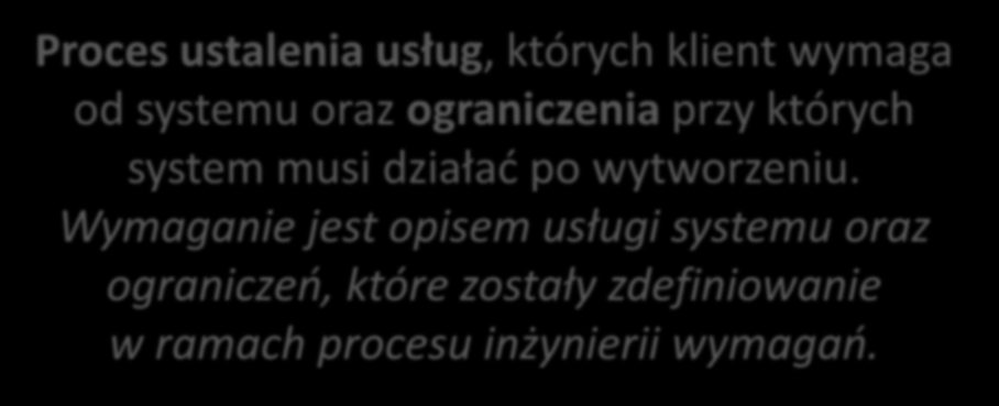 Inżynieria wymagań Proces ustalenia usług, których klient wymaga od systemu oraz ograniczenia przy których system musi działać po wytworzeniu.