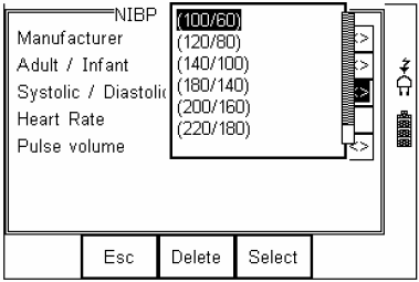Systolic/Diastolic wybierz wartość symulowanego ciśnienia z rozwijanej listy jak na rysunku poniżej. Heart Rate - rytm serca wprowadź żądaną wartość rytmu serca Pulse volume wybierz żądaną siłę pulsu.