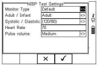 Wprowadzanie ustawień NIBP Wybierz NIBP Settings aby wprowadzić parametry symulacji NIBP. Nawiguj klawiszami strzałek by wybierać wartości z rozwijanej listy lub wprowadź gdy to możliwe z klawiatury.