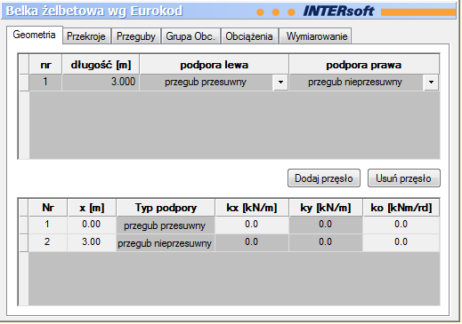 211.7.2. Zakładka Geometria W zakładce Geometria podawane są podstawowe dane dotyczące kształtu belki. Numer: [-] Generowany automatycznie kolejny numer przęsła.