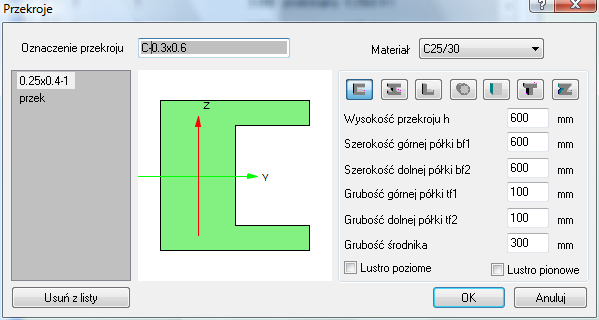 Tu definiowane są dane dotyczące lokalizacji, typu i wielkości przekroju poprzecznego belki.