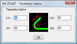 BiK8 ŻELBET 21 W okienku Parametry pręta użytkownik wybiera podstawowe cechy pręta: typ haka 1 typ haka 2 średnica pręta Dodatkowo istnieje możliwość ustawienia parametrów haków (średnica gięcia,